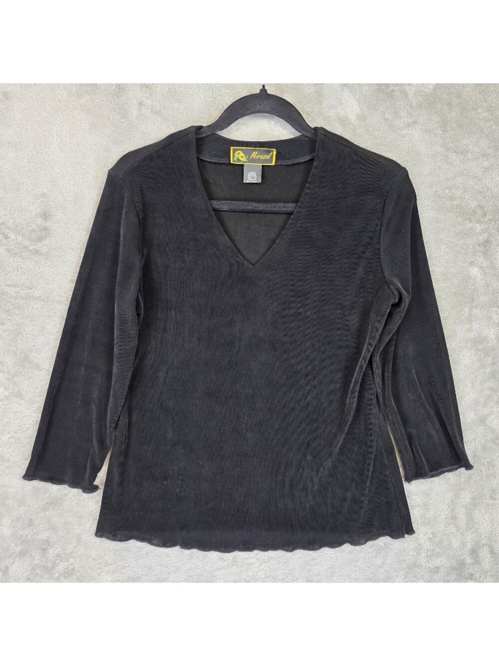Mirasol T-Shirt Womens S Black V Neck 3/4 Sleeve Velour Ruffle Hem Stretch USA